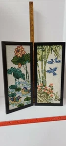 Needlepoint Picture. Birds flowers pond 2 panel picture - Picture 1 of 5