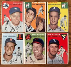 1954 Topps Baseball Lot Of 6, Ed Lopat, Carl Scheib, Bob Cain, Bob Keegan, G, VG - Picture 1 of 8