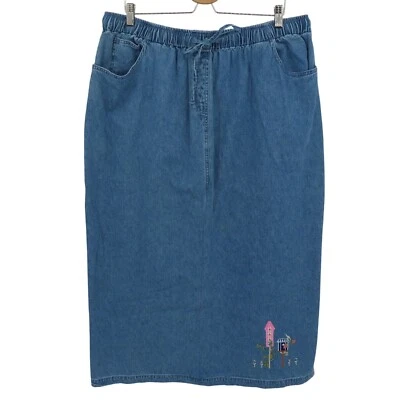 Quacker Factory Women Plus Size 2X Embroidered Birdhouse Blue Denim Jean Skirt - Image 1 of 4