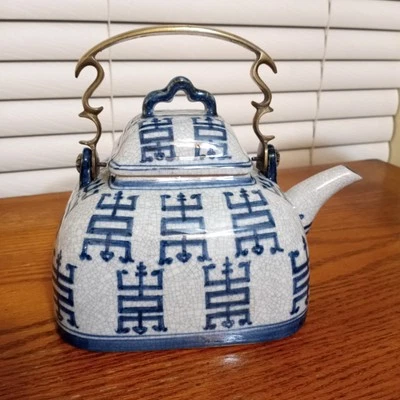 Vintage Cobalt Blue & White Porcelain Crackle Finish Teapot Brass Handle - Image 1 of 4