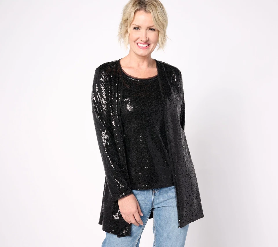 Isaac Mizrahi Live! Cárdigan Manga Larga Lentejuelas Camisa Pitch Negro XL Nuevo Foto 1 de 1