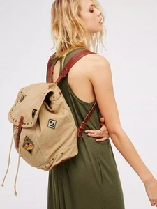 Free People Women's Canvas Leather Thunderbird Patches Backpack Khaki Pre-Owned - Picture 1 of 4