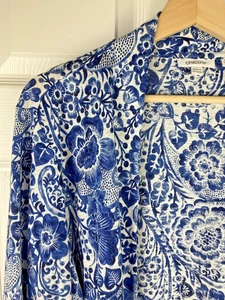 Chico's Size 3 (XL) Linen Floral Duster Blue + White Open Front Waterfall Hem - Picture 1 of 7