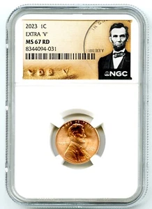 2023 EXTRA ' V ' LINCOLN ERROR CENT SHIELD PENNY NGC MS67 RD SPECIAL VDB V LABEL - Picture 1 of 3