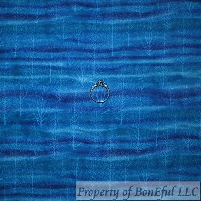 BonEFul FQ Cotton Quilt BLUE Tonal White Winter Cloud Scenic Xmas Tree Snowflake - Image 1 of 4