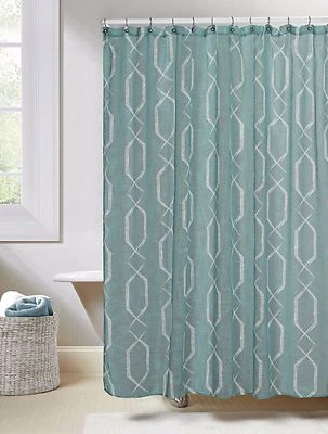 Blue Linen Textured Sheer Fabric Shower Curtain: White Geometric Design, 70"x72" - Image 1 of 2