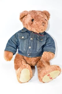FAO SCHWARZ BROWN BEAR PLUSH 15" WITH AMERICAN FLAG JEAN JACKET - Picture 1 of 5