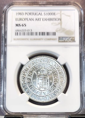 1983 PORTUGAL SILVER 1000 ESCUDOS EUROPEAN ART EXHIBITION NGC MS 65 BRIGHT GEM - Image 1 of 3
