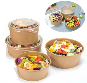 Kraft Paper Salad Bowls Lunch Box Take Away Food Containers Meal Bowl With Lid - Picture 1 of 26