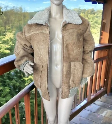 Suede Leather Sheepskin Shearling Bomber Real Fur Jacket Coat M 52 Natural Tan - Image 1 of 4