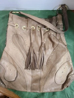 Bulga Lg Luxury Taupe Leather Hobo Style Bag Distressed Tassels Studded Italy  - Image 1 of 4