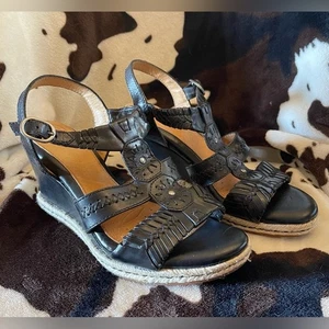Nurture Wedge Sandals Black Leather Ankle Strap Espadrille Platform Shoes - Picture 1 of 7