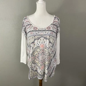 Lucky Brand Boho Top Size XL Womens Tee White Blue Print Jersey Knit Casual - Picture 1 of 9