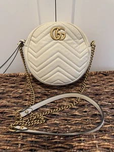 Auth Gucci GG Marmont Round White Gold Chain Shoulder Bag - Picture 1 of 24