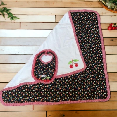 Vtg Mary Engelbreit Baby Cherry Floral Print Gingham Receiving Blanket & Bib Set - Image 1 of 4