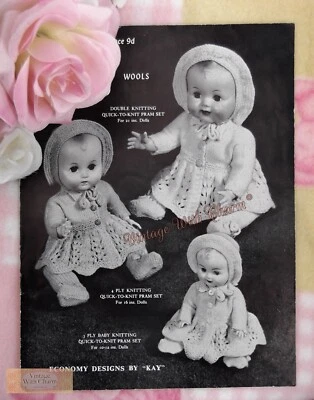 HEDGE NOOK Vintage 50s Dolls Clothes Knitting Pattern For Baby Doll 10-21in. In Size