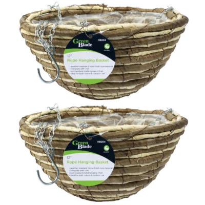 2 x 12″ Vimini Salice Corda Appendere Fiori Cesto Planter's con Catena & Fodera - Immagine 1 di 2