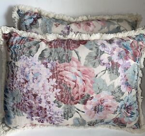 2 Vintage Tapestry-Like  16" Pillow Roses Floral Blue Pink Beige Fringes