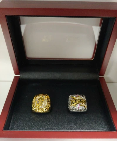 Florida Marlins - World Series 2 Ring Set W Wood Display Box. Hernandez Beckett Cover
