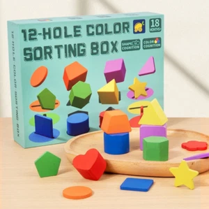 Montessori Sorting Toys Children's Matching Box, Shape Colors Sorter 12 Hole Set - Picture 1 of 6