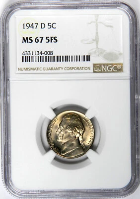 1947-D JEFFERSON NICKEL 5 FULL STEPS SUPER GEM NGC MS67 5FS! - Image 1 of 4
