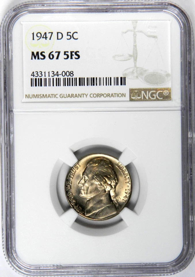 1947-D JEFFERSON NICKEL 5 FULL STEPS SUPER GEM NGC MS67 5FS! - Image 1 of 4