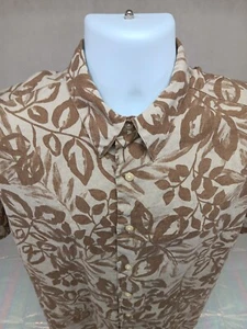 Eddie Bauer Hawaiian Shirt Mens Large Brown Floral 100 Linen Fabric - Picture 1 of 12