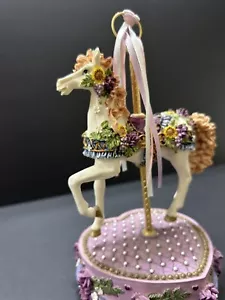 White Carousel Horse with Purple Flowers on a Purple Heart Base Figurine - Picture 1 of 10