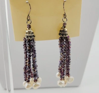 Kirks Folly Crystal Tassel Fresh Water Pearl Earrings Lavender Mist Silvertone - Image 1 of 4