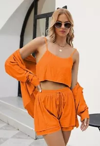 Womens 3pcs Outfit Button Down Shirt Cropped Cami top & shorts casual Sweatsuit - Picture 1 of 19