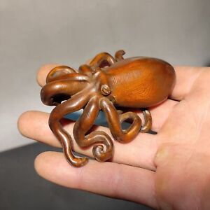 Vintage Wooden Octopus Statue Carving Wood Carved Figure Decor Children Gift Art