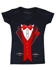 Red Bow Tie Tuxedo Costume Women's V-Neck T-shirt Rose Boutonniere Prom Suit Tee
