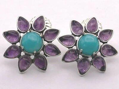 NUEVO EN CAJA Pendientes Carolyn Pollack Plata Esterlina Amatista y Amazonita Flor Racimo Foto 1 de 4