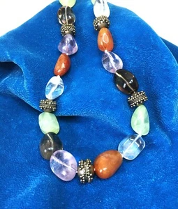 Natural Multicolor stones, Sterl.Silver Handmade necklace, knotted, 18 3/4" long - Picture 1 of 3