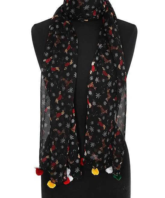 CEJON Women's scarf wrap Christmas Dogs & Snow flakes pompoms Black