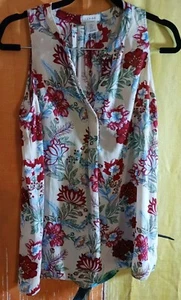 KENAR Size M Womens Multicolor Floral Sleeveless 1/2 Button Pleated Back Top  - Picture 1 of 6