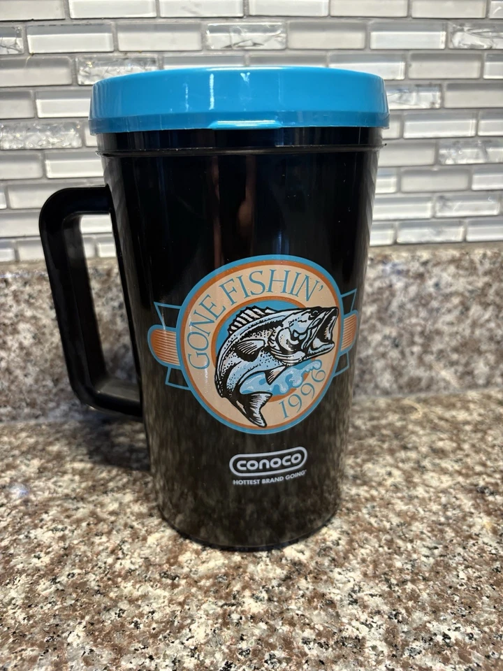 Taza aislante de plástico vintage años 90 Betras CONOCO Gasolinera 34oz EE. UU. IDO A PESCAR Foto 1 de 4
