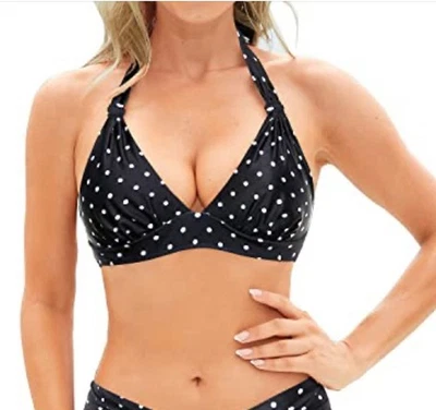 Traje de baño Yonique para mujer Bikini Top Halter Cuello en V Corbata Negro Blanco Lunares Grande Foto 1 de 4