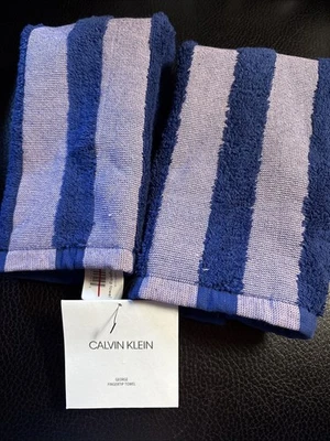 Novo 2 toalhas Calvin Klein George ponta dos dedos listras rosa azul cobalto 100% algodão - Imagem 1 de 4