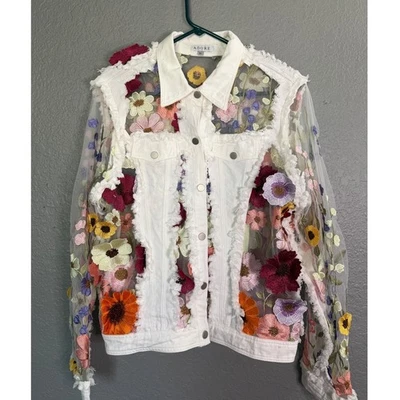 Chaqueta vaquera blanca ADORE XL apliques florales pura arte para usar festival única Foto 1 de 4