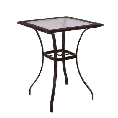 WELLFOR Outdoor Bistro Table Steel/Tempered Glass/PE Rattan w/ Umbrella Hole Foto 1 de 4