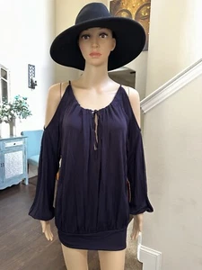 Ramy Brook Eggplant Dress Size S Cold Shoulder Mini Long Sleeve Smocked NWT 2658 - Picture 1 of 5