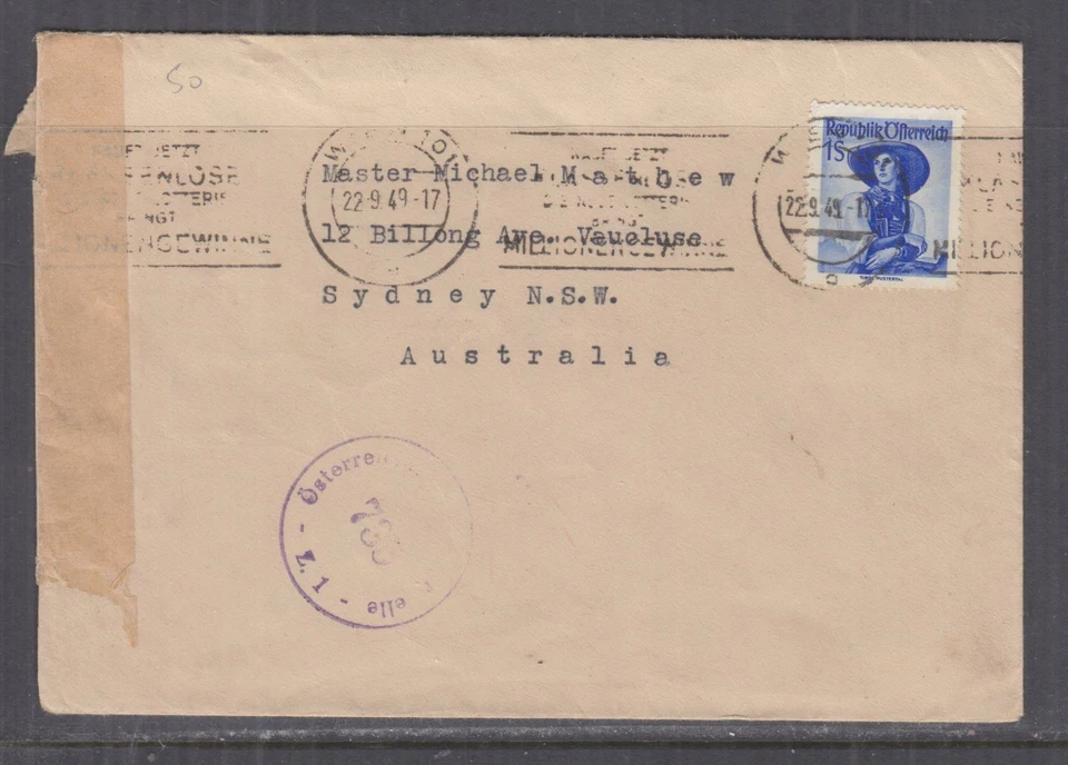 AUSTRIA, 1949 Censored cover Vienna to Australia, Costume 1s. Blue. - Image 1 of 1