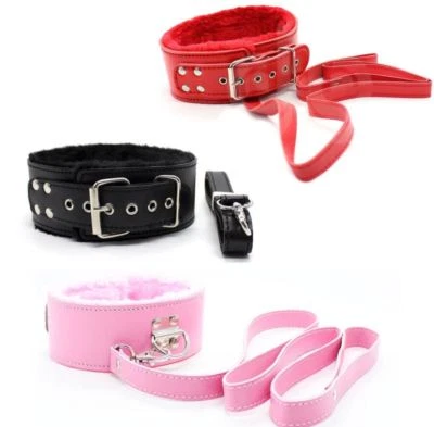 MY GUILTY PLEASURE ONLINE Leather Fur Bondage Neck Collar & Leash kinky fetish restraint Black Red Pink UK