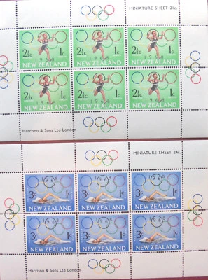 Juego de dos minihojas de estampillas postales de Nueva Zelanda Juegos Olímpicos de 1968 Foto 1 de 4