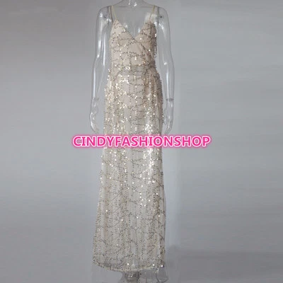 Женщин Sexy глубокий v-образным вырезом высоты раздельный блестки кисточки длиной макси обтяжку клуб вечеринки. - Изображение 1 из 2