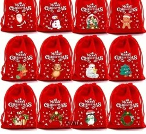 6 Random Christmas Red Velvet Gift Bags Drawstring Holiday Candy Bag Jewelry - Picture 1 of 9