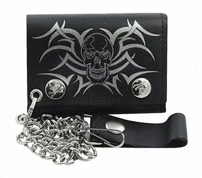 Pirate Skull Skeleton Tribal Black Genuine Leather Wallet With Chain (4 inch) - Image 1 of 3