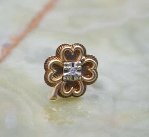 14K YG Four Leaf Clover Tie Tack with Diamond Set in Center, Circa 1970  - Picture 1 of 7
