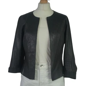 BEYMEN STUDIO Short Leather Jacket Black Collarless 3/4 Sleeve Bolero Size EU 40 - Picture 1 of 11